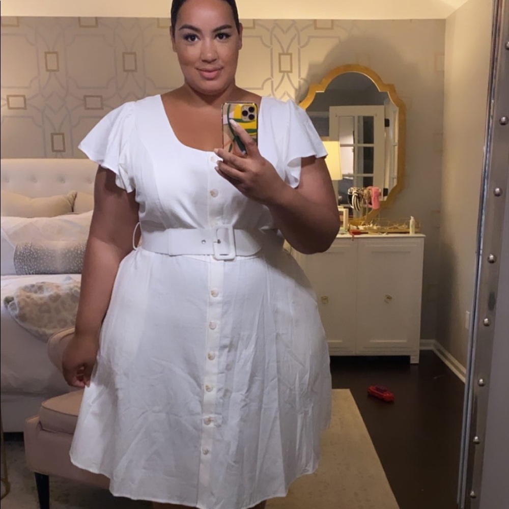 City Chic White Linen Blend Belted Dress